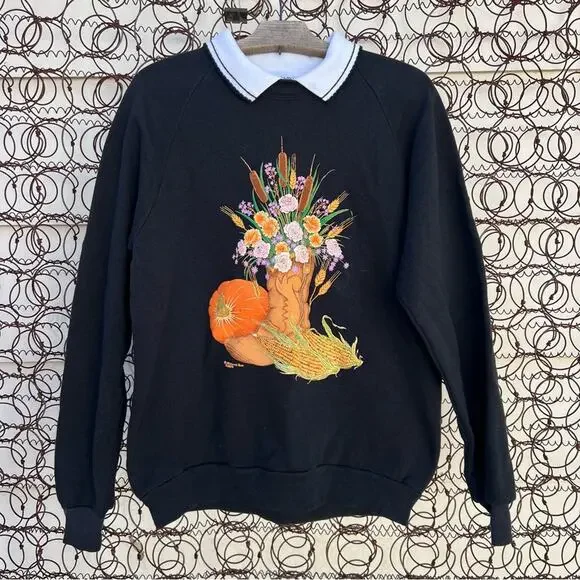 Vint. 90s Fall Harvest Cowboy Boot Cornucopia Floral granny collared sweatshirt - Picture 1 of 6